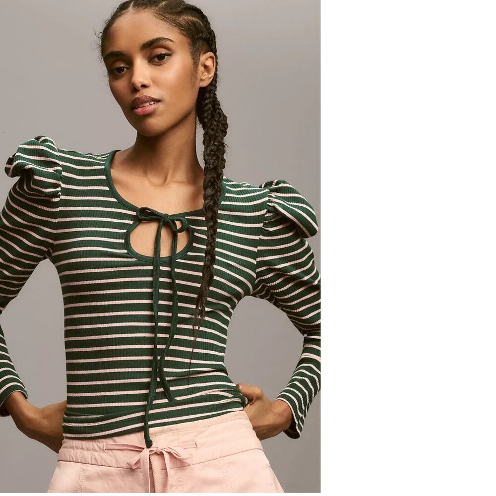 Anthropologie Green and Cream Striped Ribbed Long Sleeve Top
